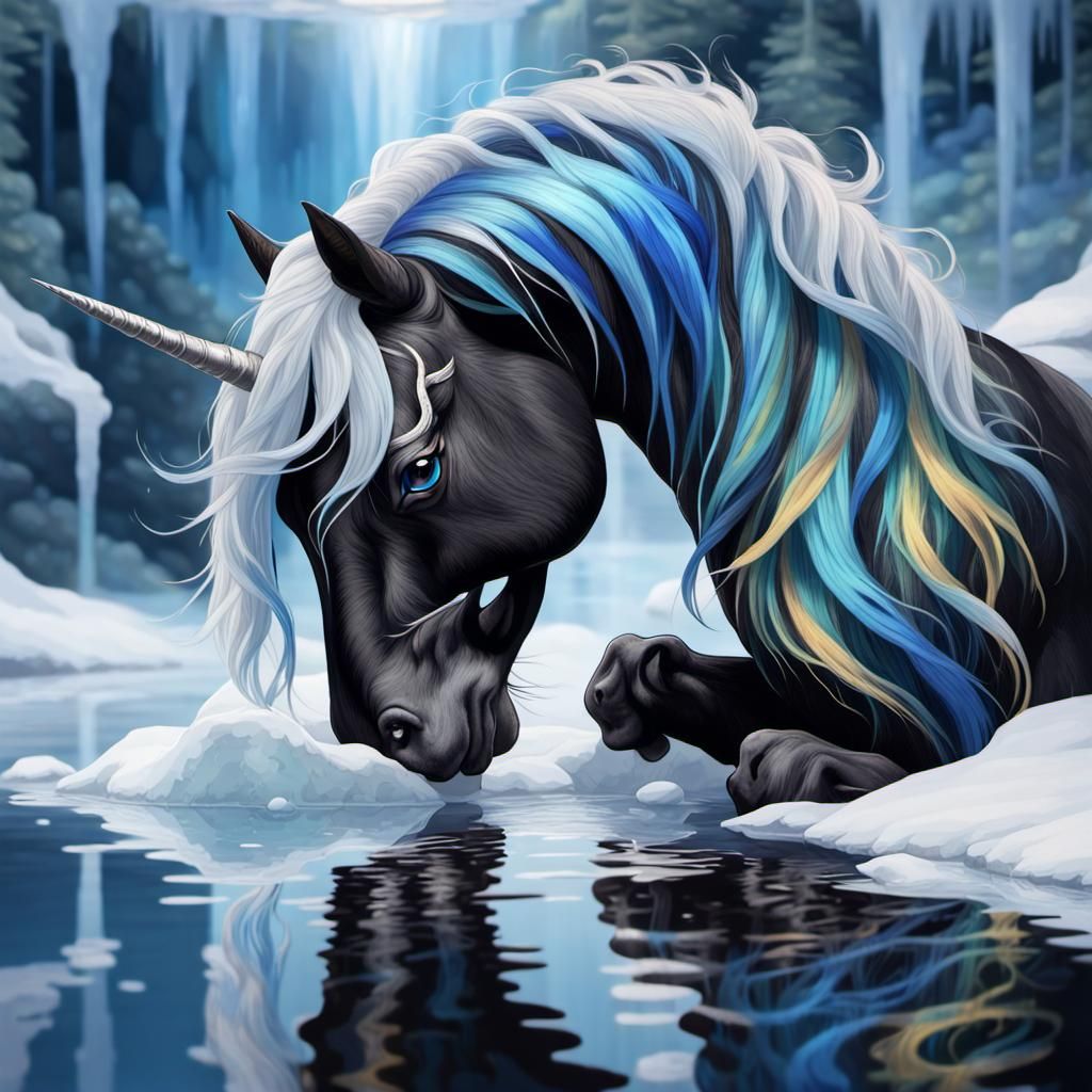 A gorgeous black Unicorn with a multi colored mane of sky bl...