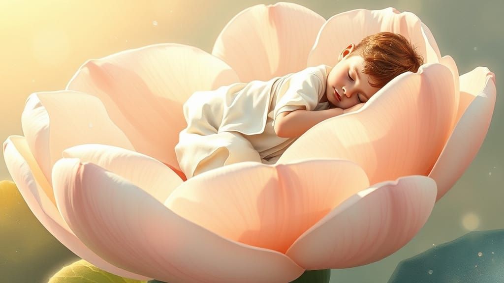 A boy peacefully sleeping • A giant flower acting as a bed •...