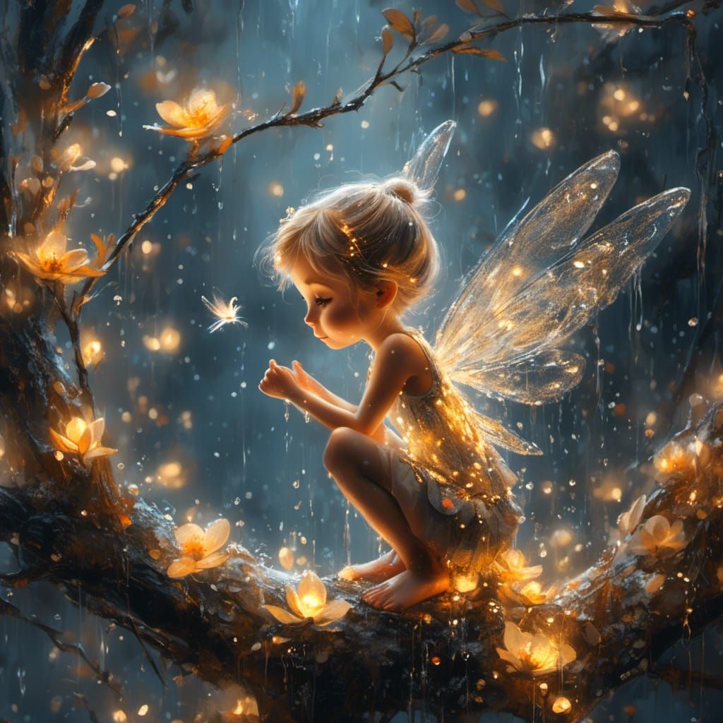 Tinkerbell in Rainy Garden, Luminous Painting