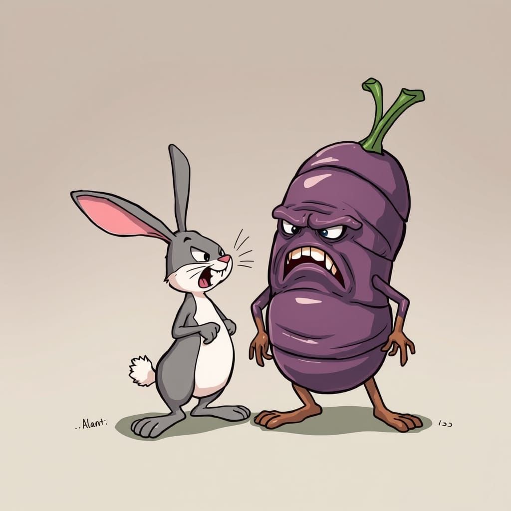 Cartoon Rabbit Arguing with a Raisin Character