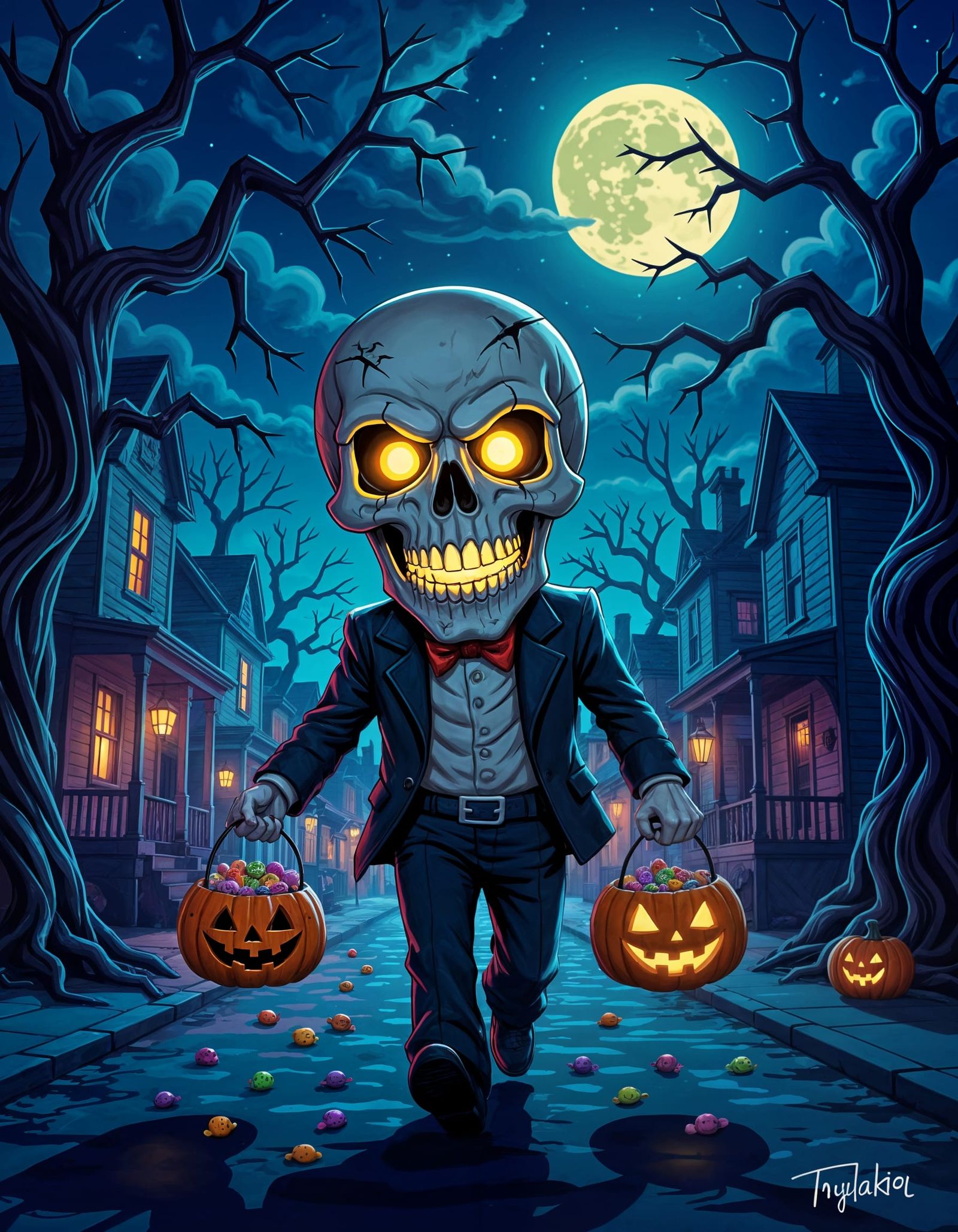 Spooky Skull Collects Candy in Eerie Town