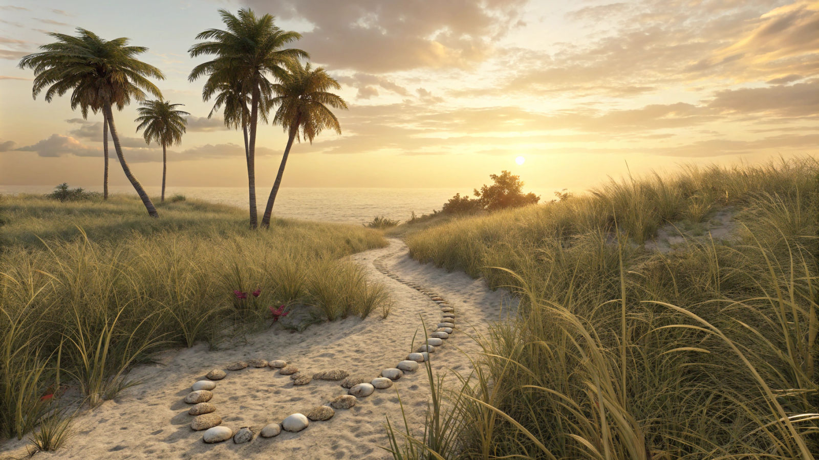Tropical Beach Path at Sunrise: A Photorealistic Scene