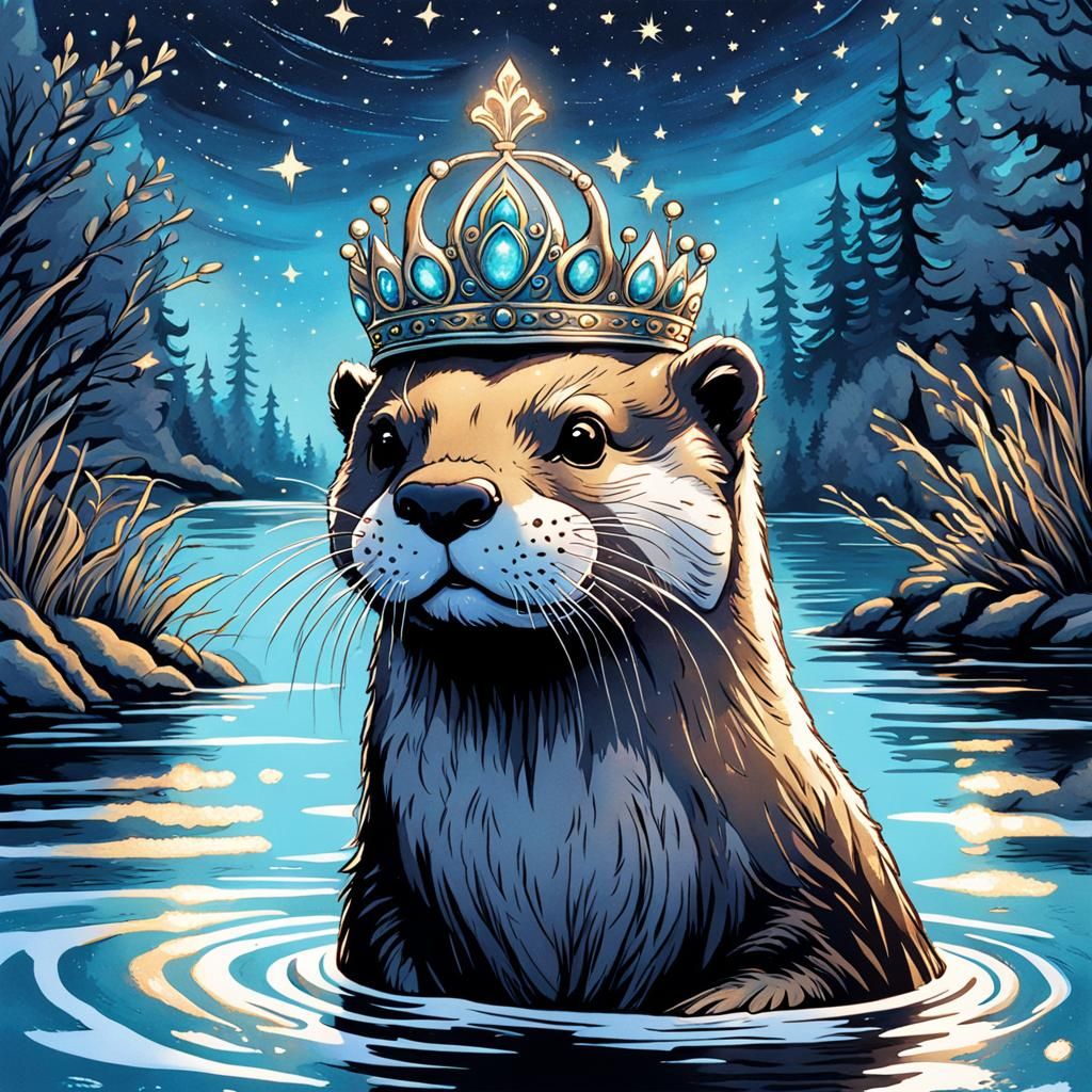 Bioluminescent Otter with Crown, Watercolor Painting