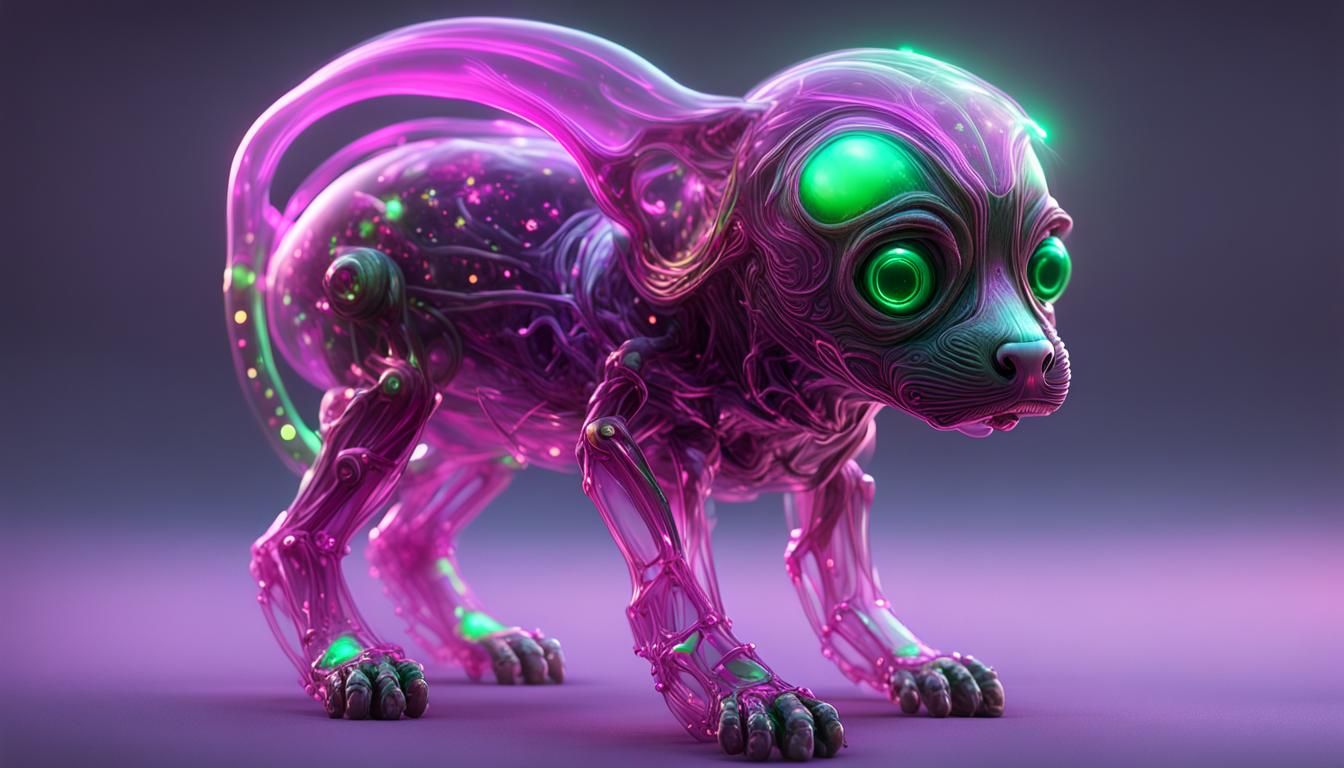 Translucent Alien Puppy with Golden Eyes in Bioluminescence