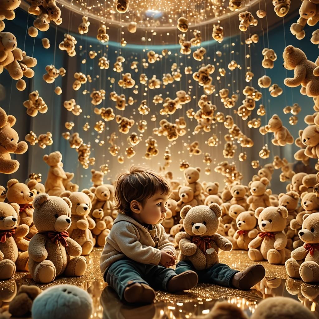 Infinity Mirror: Child and Teddy Bears in Surreal Art