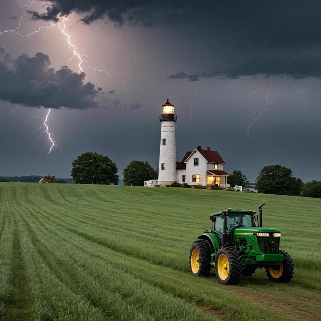 Stormy Farmland Lighthouse Scene with Tractor