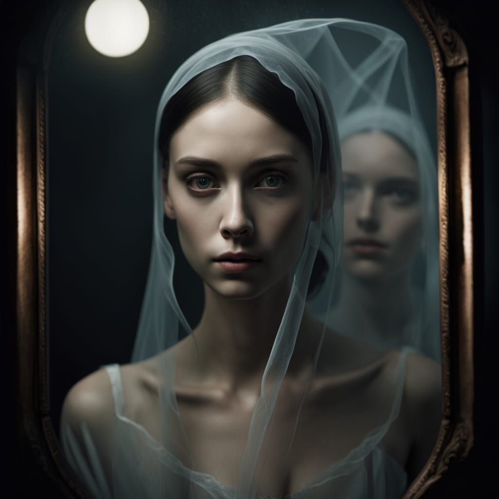 Surreal Reflection with Eerie Smile and Veil