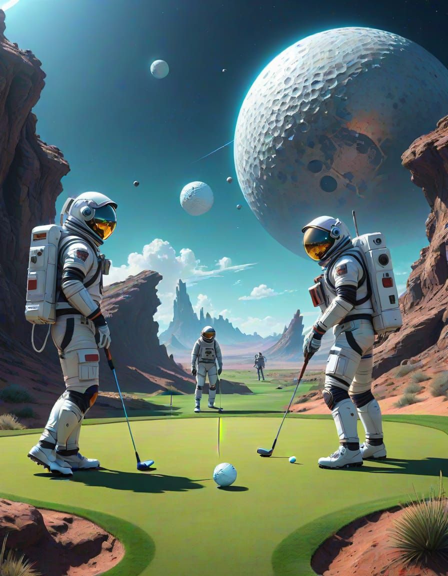 Cosmic Golfers on Distant Planet in Vibrant 3D Style