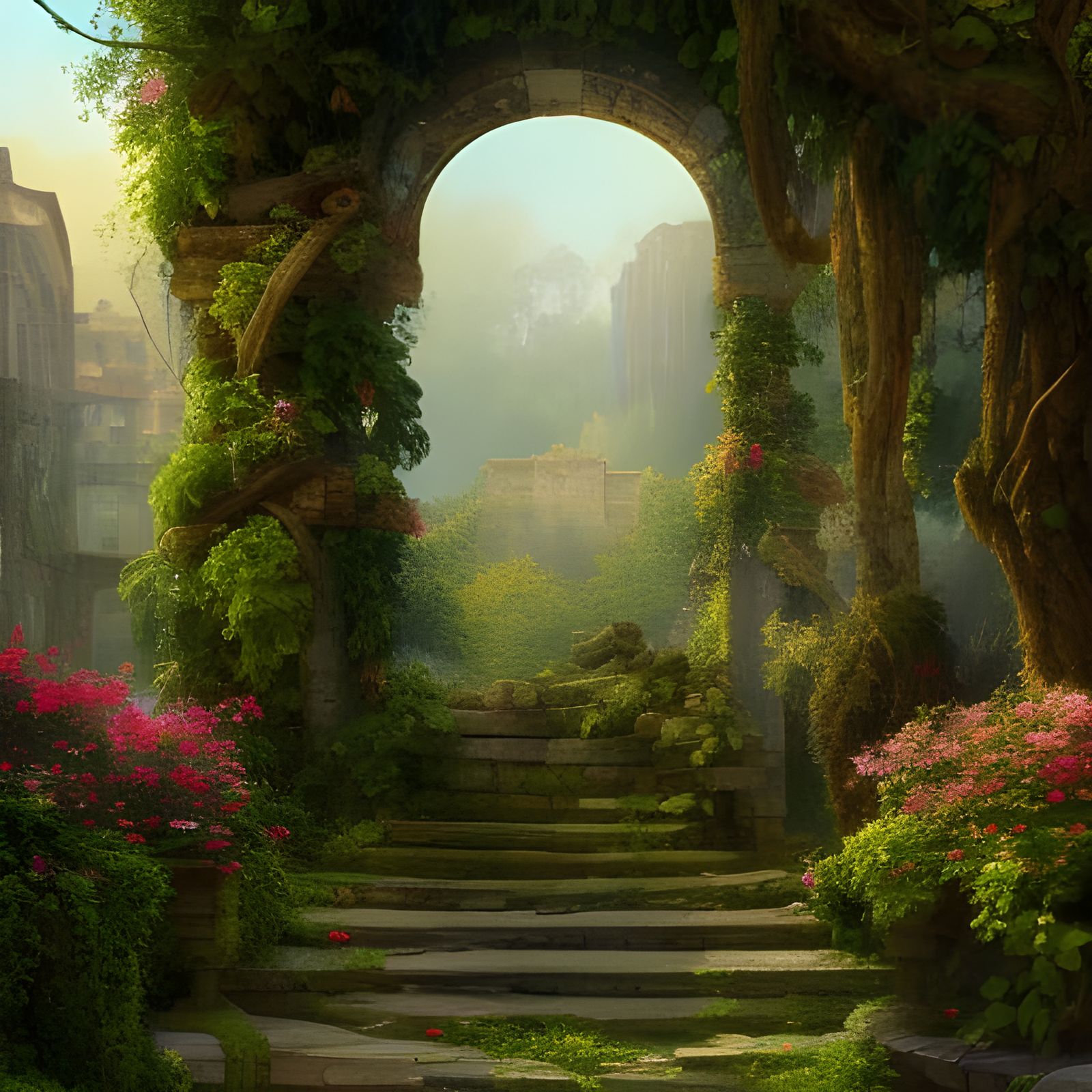 Magical Roman Ruins with Garden Flowers