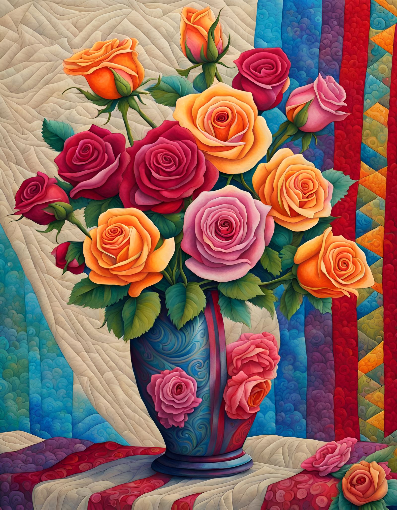 Vivid Rose Bouquet on Quilt, Detailed Painting
