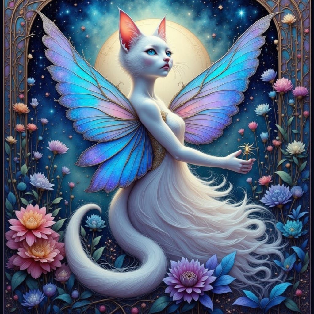 Ghostly Cat Woman in Starlight Gown with Aurora Wings