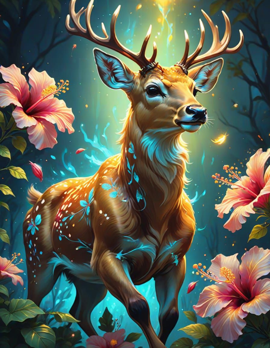Bioluminescent Deer Leaping Through Glowing Hibiscus Flowers