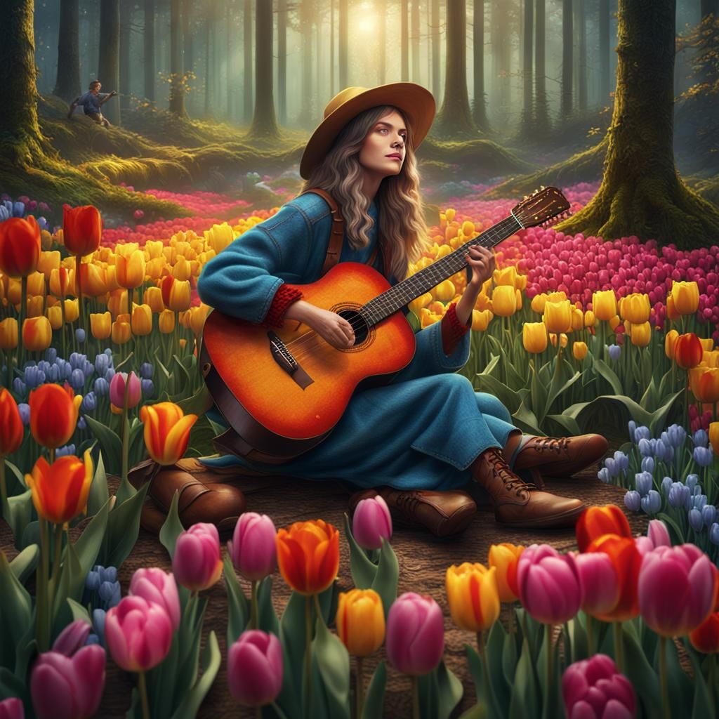 Woman with Guitar in Colorful Forest: Fantasy Art