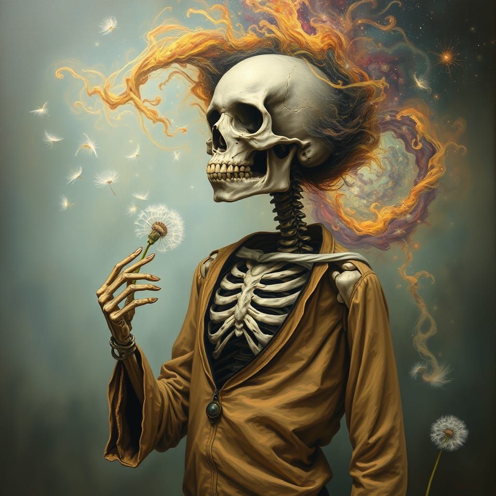 Surrealist Skeleton Boy in Dreamy, Ethereal Atmosphere