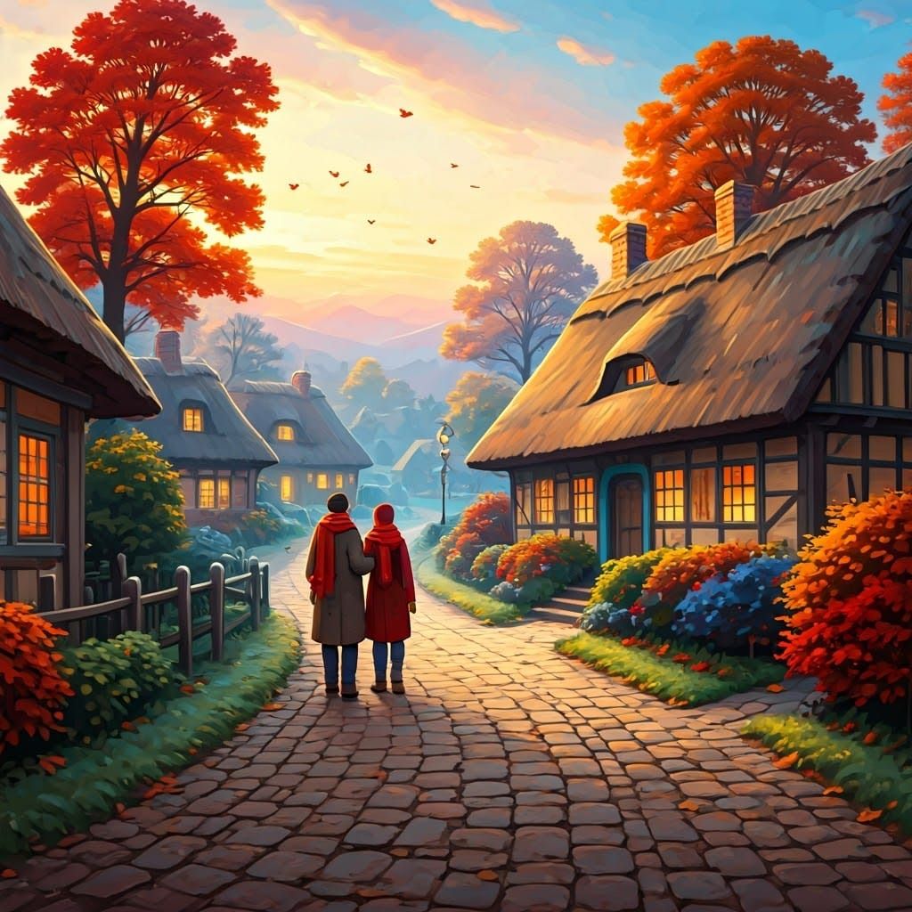 Quaint Autumn Village Scene in Cozy Realism Style