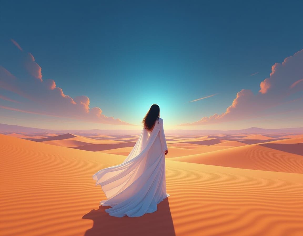 Mystical Woman in Shimmering Desert Landscape