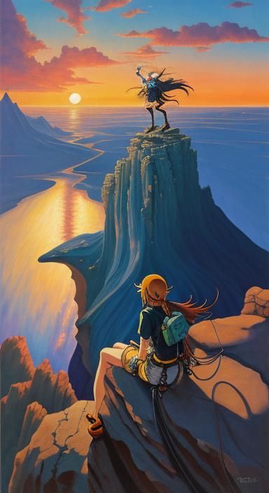Ghibli Girl Rock Climbing at Sunset, Anime Style