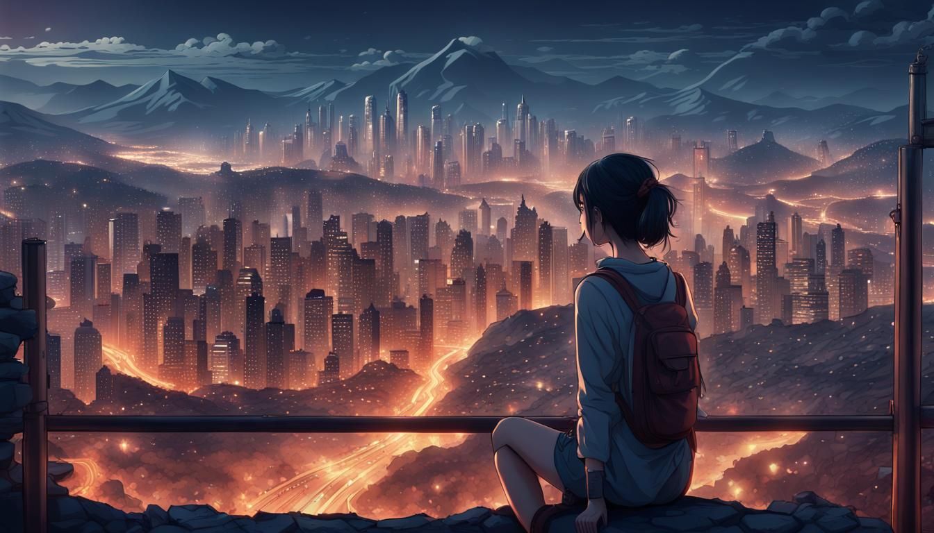 Anime Woman Gazing at Retro City at Midnight