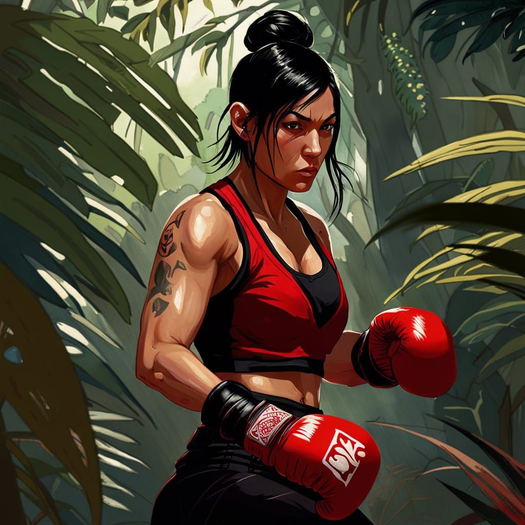 Female MMA Fighter in Jungle, Digital Art Style