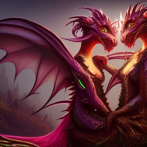 Dragonpunk Sorceress Lovers Embrace: Fantasy Concept Art