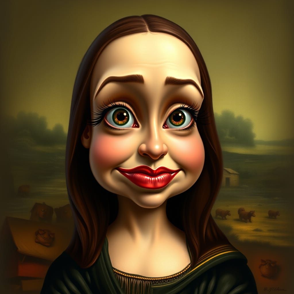 Photorealistic Mona Lisa Caricature with Exaggerated Feature...