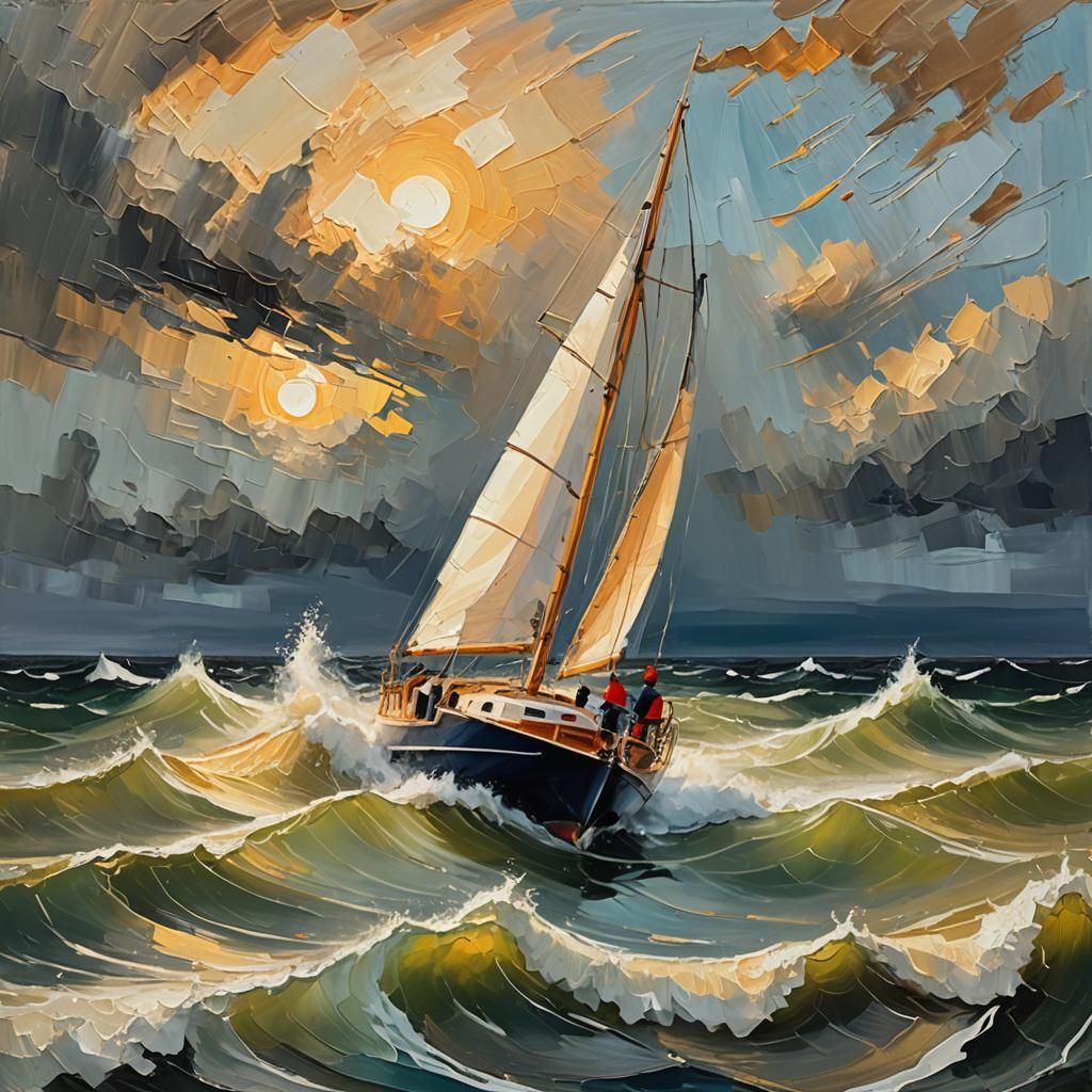 Sailboat on Stormy Autumn Sea: Abstract Expressionism