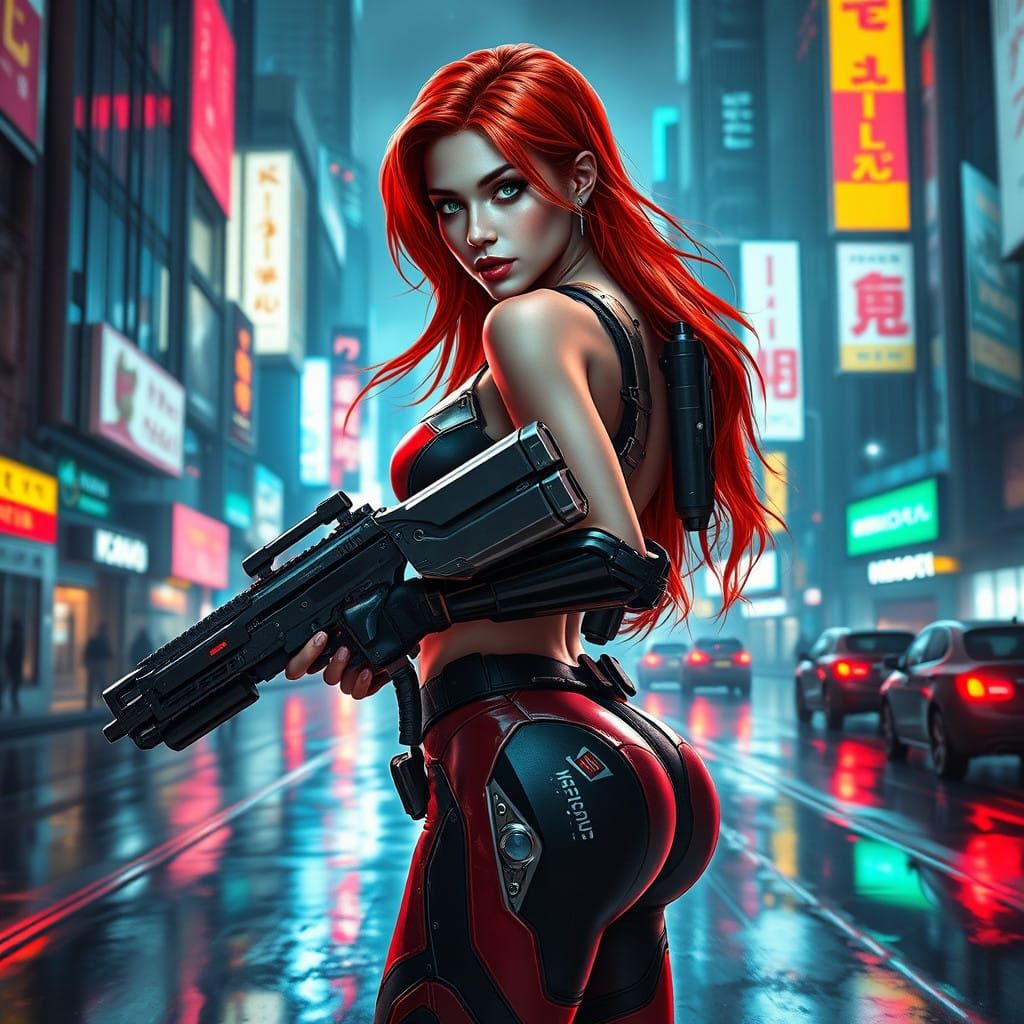 Cyberpunk Goddess with Fiery Red Hair and Metallic Armor
