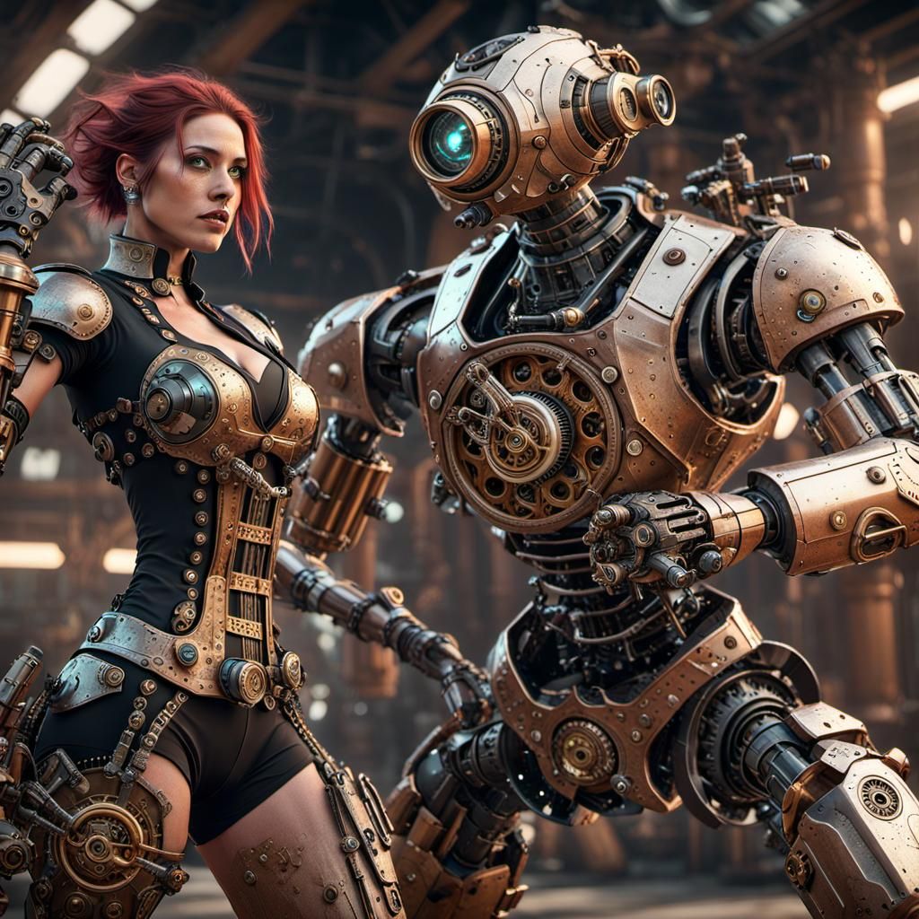 Steampunk Cyborg Battles Clockwork Golem in Epic Sci-Fi