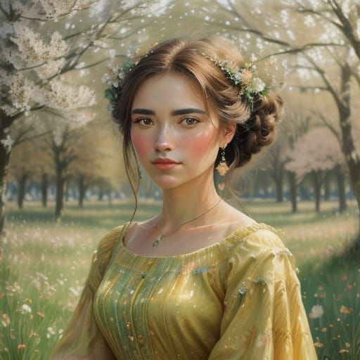 Impressionist Woman in Yellow Dress Gazing Back