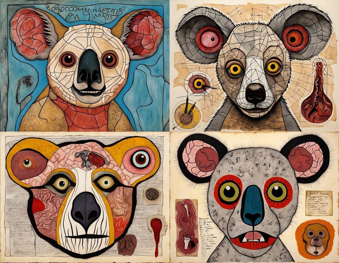 Surreal Horror: Dingo-Koala Hybrid in Mixed Media