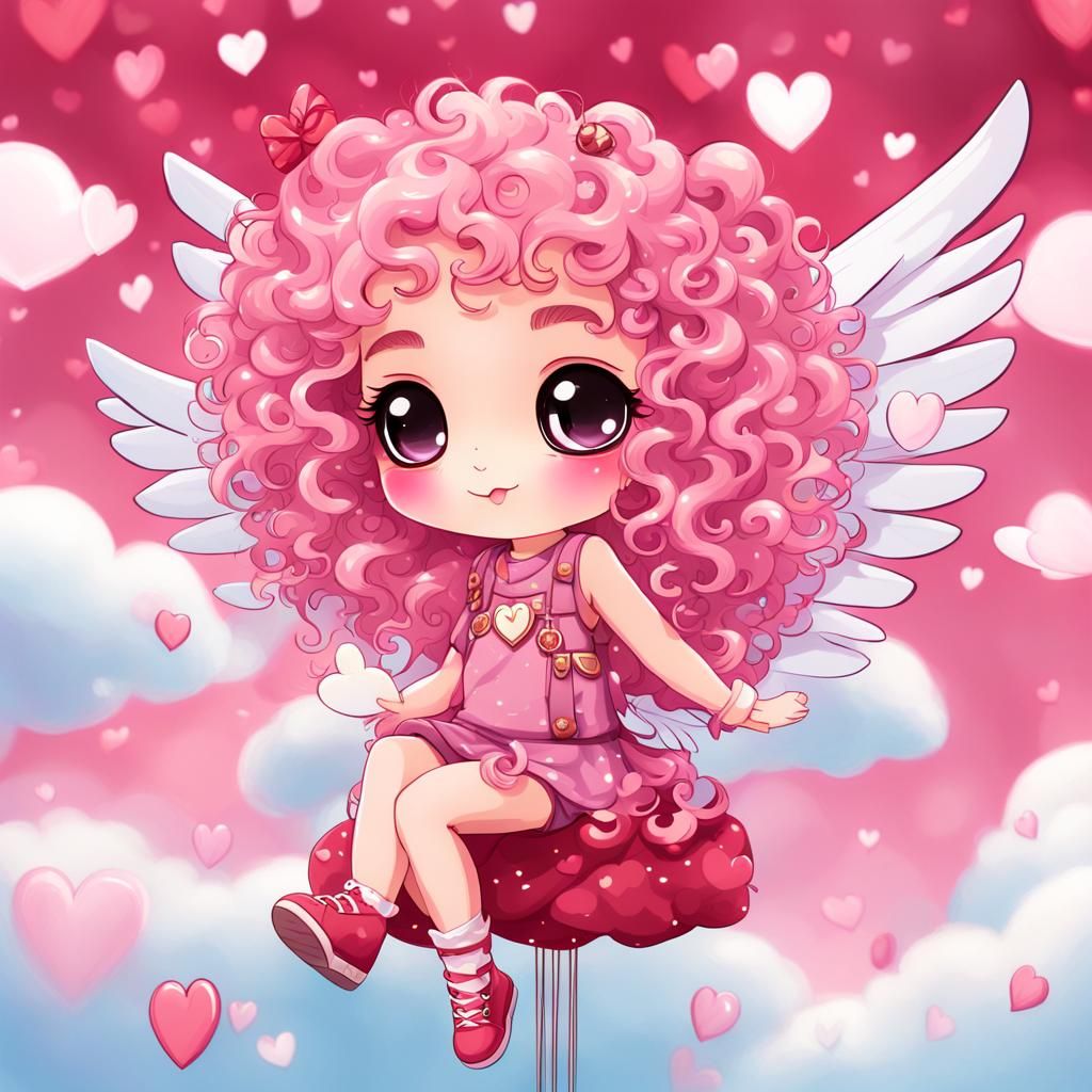 Chibi Anime Cupid Diva on Cloud with Hearts