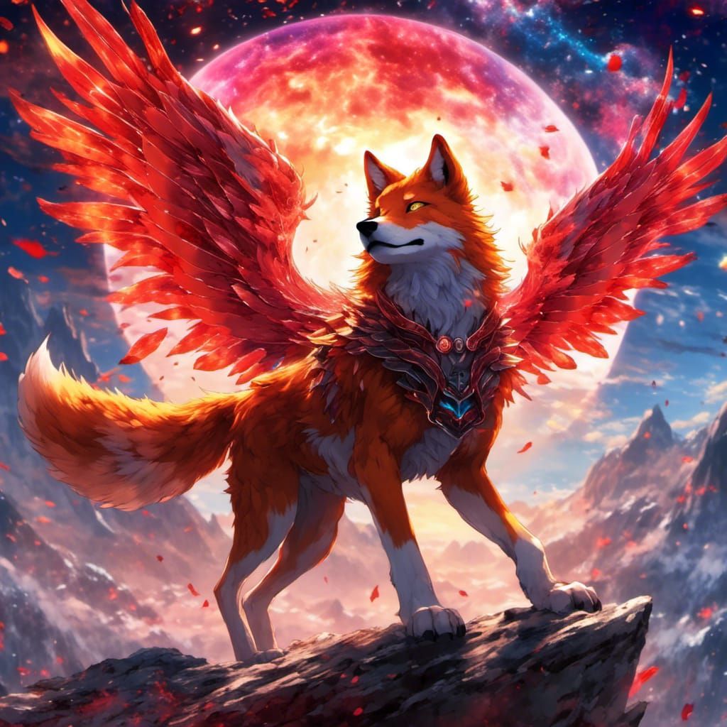 Winged Ruby Wolf in Space, Anime Style