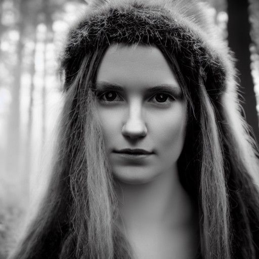 young beautiful female Druid Celtic healer looking at the camera in a forest, black and white color aesthetic, highly de...