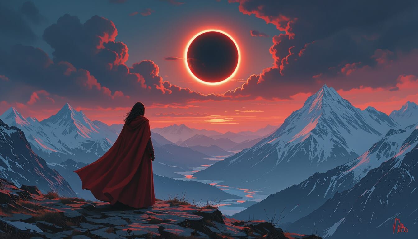 Crimson Cloak Under Red Eclipse: Dystopian Art