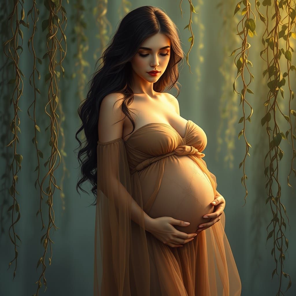 Elegant Pregnant Woman in Futuristic Realism Style
