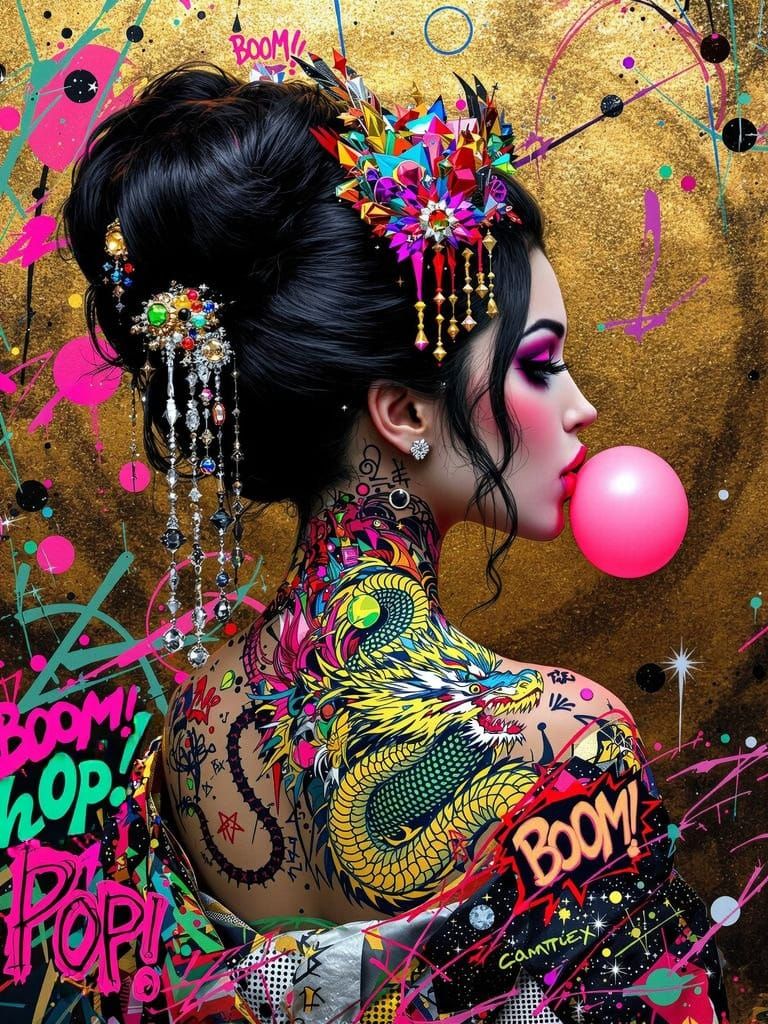 Ravishing Geisha Blows Bright Pink Bubblegum Bubble in Vibra...