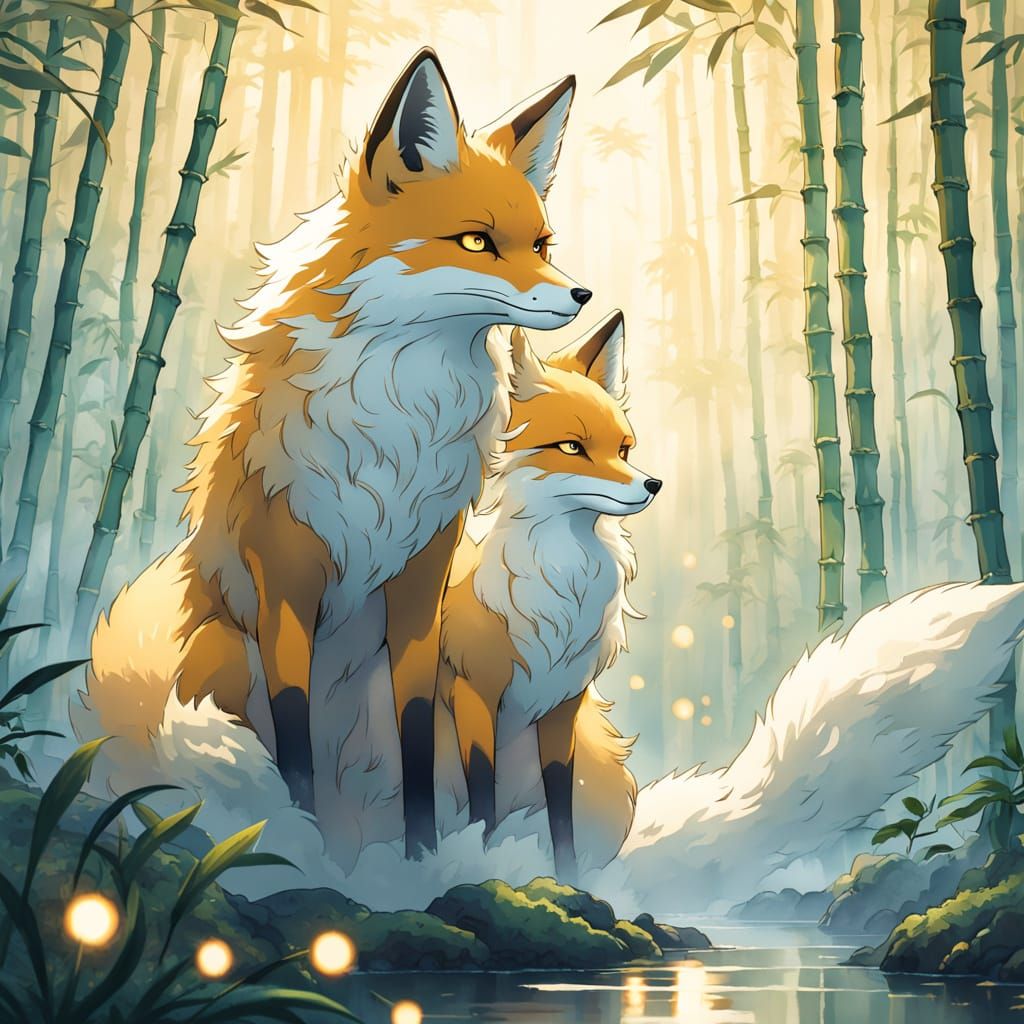 Golden Fox Spirit in Misty Bamboo Forest: Anime Style