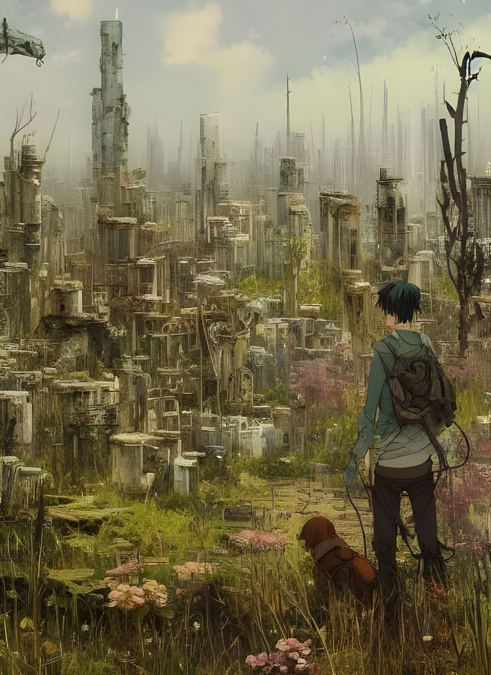 Post-Apocalyptic Man and Dog in Anime Style