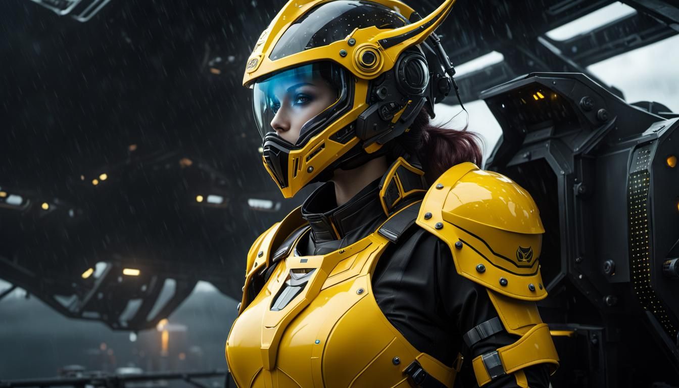 Female Mech Pilot in Dragon Armor on Futuristic Ship