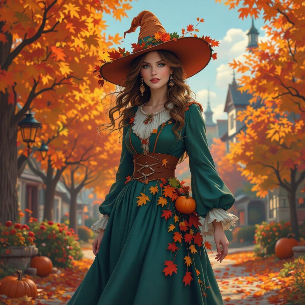 Autumn Witch in Cozy Village with Fall Foliage