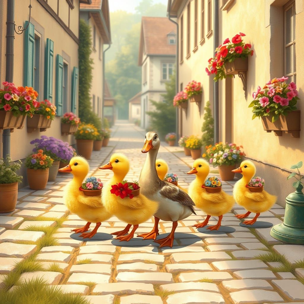Ducklings in a Village, Children's Book Illustration