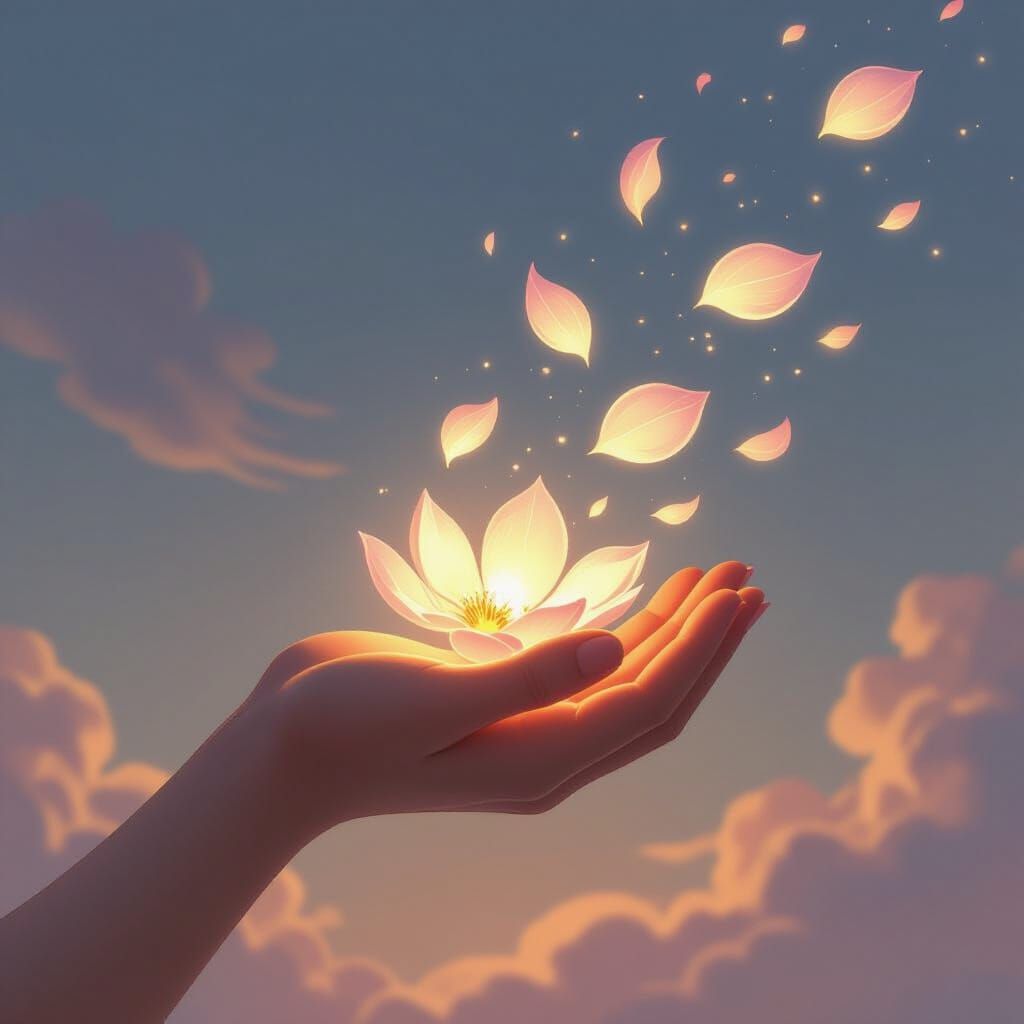 Hand Releasing Glowing Petals Into Wind, Finding Peace