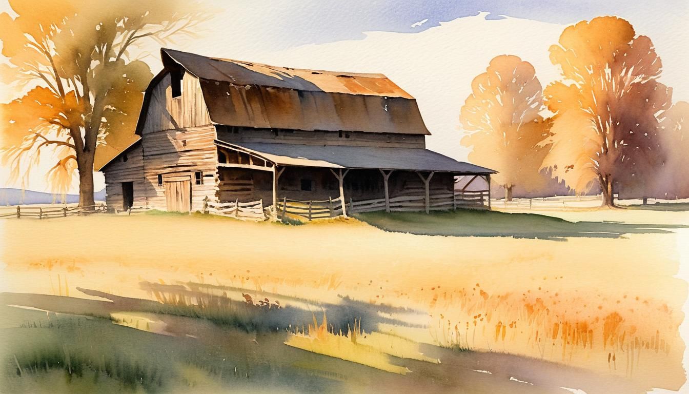 Secluded Barn Landscape in Watercolor Style