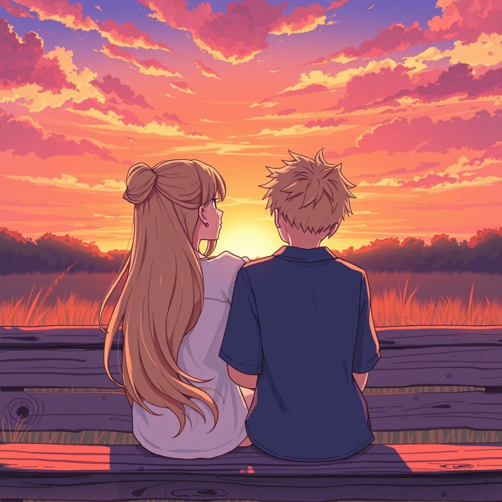 Serene Adolescent Couple Gaze Up at Vibrant Sunset