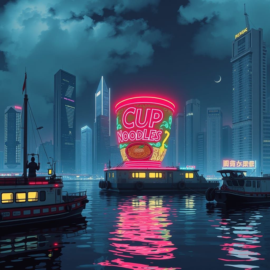 Cyberpunk Hong Kong Harbor at Night in Blade Runner Style