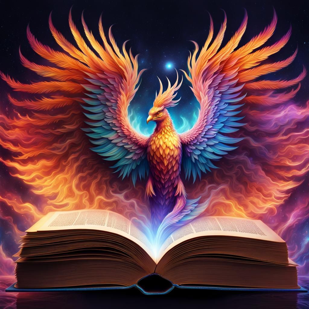 Iridescent Phoenix Rising from Book: Fantasy Illustration