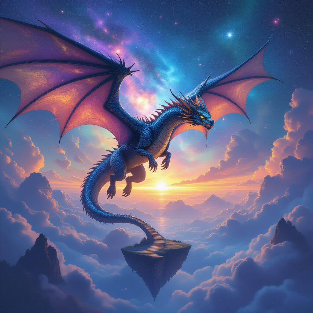 Ancient Dragon Soars Through Nebula Sky Above Floating Islan...