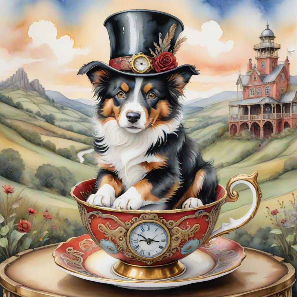 Steampunk Border Collie Puppy in Teacup Watercolor