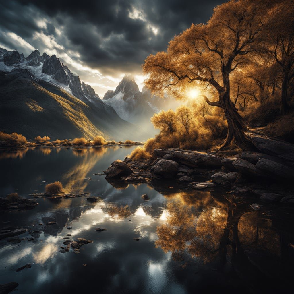 Serene Lake Scene in Vibrant Greens and Golden Light