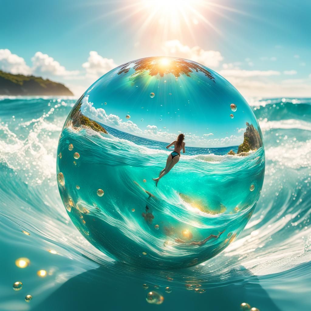 Glass Sphere with Swimmers Over Ocean: Digital Art